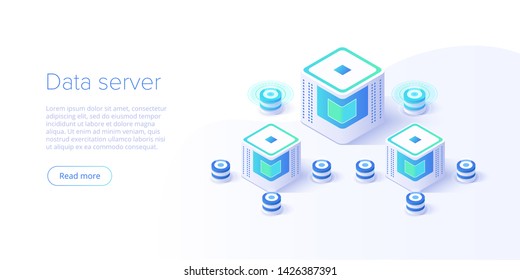 Hosting de ilustración vectorial isométrica del servidor. Fondo abstracto del centro de datos o de la cadena de bloqueo. Diseño del sitio web de infraestructura de mainframe de red. Almacenamiento de ordenadores o estación de trabajo agrícola.