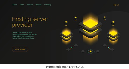 Hosting Server Isometric Vector Illustration. Abstract Datacenter Or Blockchain Background. Network Mainframe Infrastructure Website Layout. Computer Storage Or Farming Workstation.