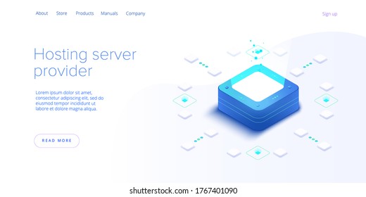 Hosting server isometric vector illustration. Abstract datacenter or blockchain background. Network mainframe infrastructure website layout. Computer storage or farming workstation.