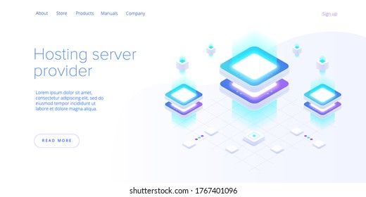 Hosting server isometric vector illustration. Abstract datacenter or blockchain background. Network mainframe infrastructure website layout. Computer storage or farming workstation.