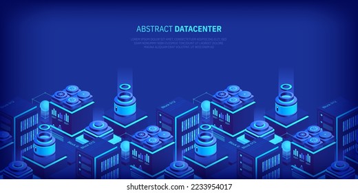 Hosting server isometric vector illustration. Abstract 3d datacenter or blockchain background. Network mainframe infrastructure website header layout. Computer storage or farming workstation.