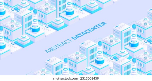 Hosting server isometric vector illustration. Abstract 3d datacenter or blockchain background. Network mainframe infrastructure website header layout. Computer storage or farming workstation.