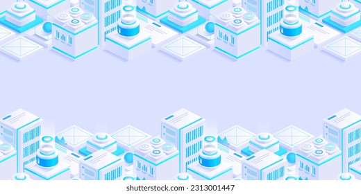 Hosting server isometric vector illustration. Abstract 3d datacenter or blockchain background. Network mainframe infrastructure website header layout. Computer storage or farming workstation.