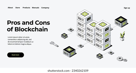 Hosting server isometric vector illustration. Abstract datacenter or blockchain background. Network mainframe infrastructure website layout. Computer storage or farming workstation.