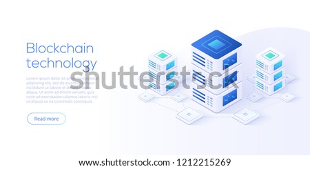 Hosting server isometric vector illustration. Abstract 3d datacenter or blockchain background. Network mainframe infrastructure website header layout. Computer storage or farming workstation.