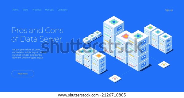 Hosting\
server isometric vector illustration. Abstract datacenter or\
blockchain background. Network mainframe infrastructure website\
layout. Computer storage or farming\
workstation.