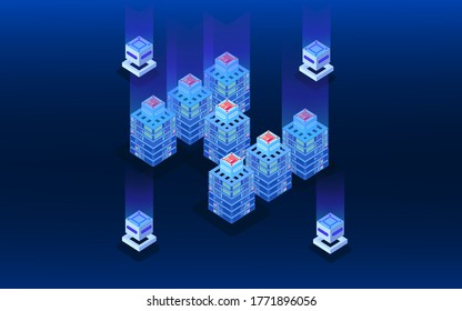 Hosting server in isometric view. Futuristic blockchain banner. Server farm for storing large amounts of information on the means of access to the global Internet network