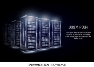 Hosting server racks low poly wireframe mesh made of points, lines and shapes. Vector polygonal art style design. Poster banner template with copy space.