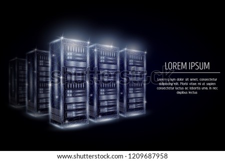 Hosting server racks low poly wireframe mesh made of points, lines and shapes. Vector polygonal art style design. Poster banner template with copy space.