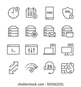 Iconos de línea relacionados con el alojamiento y el servidor establecidos en 2. Incluidos los iconos como big data, transfer, transaccion, subida, web, online y más.