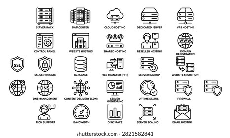 Hosting and server services line icons set offers essential solutions for website infrastructure. It encompasses cloud hosting, data center management, database services, domain registration, website migration, and robust security measures like firewall protection.