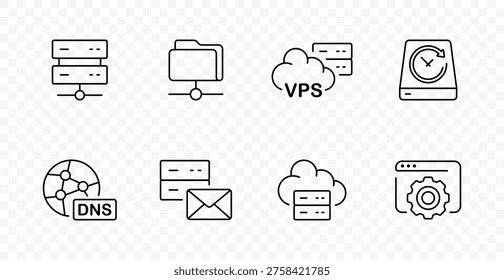 Hosting server set icon. Database stack, folder hosting, cloud vps, storage recovery, dns network, mail server, cloud cluster, web settings
