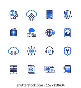 Hosting, servers and data storage icons on white
