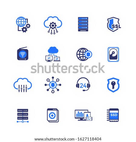 Hosting, servers and data storage icons on white