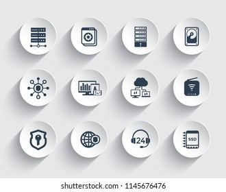 Hosting, servers, network infrastructure, data storage icons set