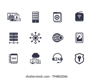 Hosting, servers, network infrastructure, data storage vector icons on white