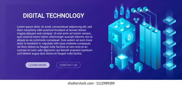 Hosting service, big data center, cryptocurrency and blockchain isometric composition banner template concept, mining crypto farm vector illustration.