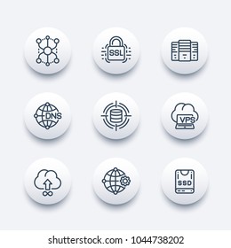 hosting service, network solutions line vector icons set