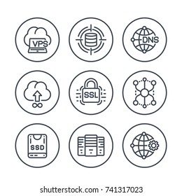 hosting service and network solutions line icons set on white