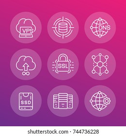 hosting service and network solutions, servers linear icons set