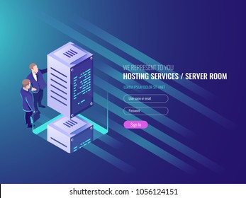 Hosting services concept, cryptocurrency and blockchain isometric composition, data center, big data processing mining crypto farm, energy station of future IT 3d vector