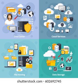 Hosting services concept icons set with data storage symbols flat isolated vector illustration