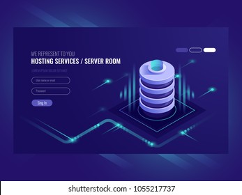 Hosting services, data center, server server room, template of page on information technologies theme sometric vector illustration ultraviolet