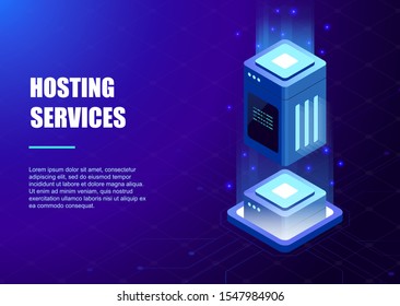 Hosting services, data center, server server room, web hosting big data processing, isometric vector illustration.
