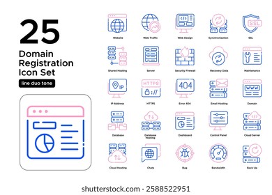 Hosting Services and Digital Infrastructure. Website Performance, Security, and Cloud Computing. Vector Illustration. Oultine duo tone icon set