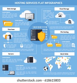Hosting services infographic set with data and cloud storage symbols flat vector illustration