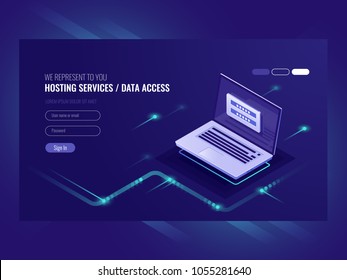 Hosting services, user authorization form, login password, registration, laptop, network data access isometric vector ultraviolet Hosting services, user authorization form, login password, registration, laptop, network data access isometric vector ultraviolet