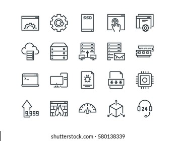Hosting. Set of outline vector icons. Includes such as SSD Disk, Control Panel, Traffic, Firewall and other. Editable Stroke. 48x48 Pixel Perfect.