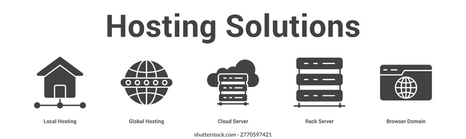 Hosting Solutions web banner icon set vector illustration concept for business with icon of Local Hosting, Global Hosting, Cloud Server, Rack Serv.