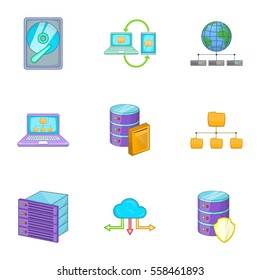 Hosting technology computer network service icons set. Cartoon illustration of 9 hosting technology computer network service vector icons for web