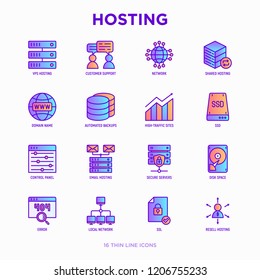 Hosting thin line icons set: VPS, customer support, domain name, automated backup, SSD, control panel, secure server, local network, SSL. Modern vector illustration.