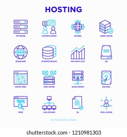 Hosting thin line icons set: VPS, customer support, domain name, automated backup, SSD, control panel, secure server, local network, SSL. Modern vector illustration.