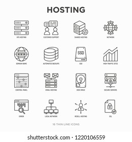 Hosting thin line icons set: VPS, customer support, domain name, automated backup, SSD, control panel, secure server, local network, SSL. Modern vector illustration.