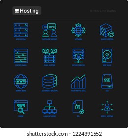 Hosting thin line icons set: VPS, customer support, domain name, automated backup, SSD, control panel, secure server, local network, SSL. Modern vector illustration.