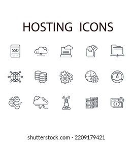 hosting thin line icons. Vector illustration isolated on white. Editable stroke.