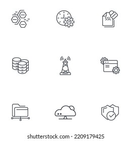 hosting thin line icons. Vector illustration isolated on white. Editable stroke.