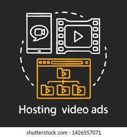 Hosting video ads chalk concept icon. Affiliate marketing idea. Performance based marketing. Online video advertising. Content sharing. Vlogging, streaming. Vector isolated chalkboard illustration