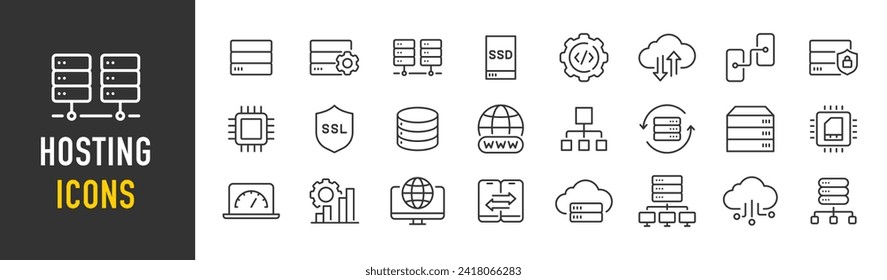 Hosting von Web-Icons in Linie Stil. Backup, Hosting, Übertragung, Domain, Daten, Cloud-Service, Website. Vektorgrafik.