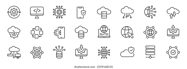 Hosting web line icons. Website, internet computer, cloud technology, digital service, database. Vector.