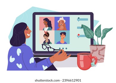 Hosting a webinar or online conference, connection with colleagues and students over the internet, flat vector illustration isolated on white background. Webinar, online meeting or conference.