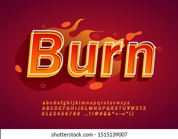 Hot 3D font effect, flame alphabet design for printing, vibrant cool style alphabet, numbers and symbols