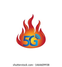 hot 5G logo network speed technology illustration in isolated white background, broadband telecommunication wireless internet concept