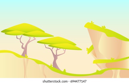 Hot African landscape with green trees. Vector illustration