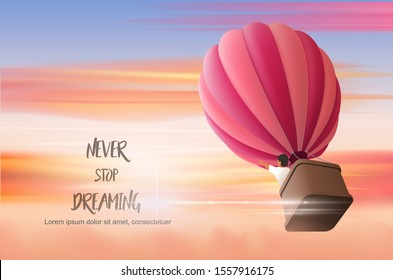 Hot Air Ballon In The Cloudy Sunset Sky With Boy In The Basket Directing Upward, Vector Illustration For Motivating Landing Page Template