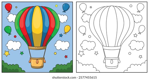 Hot Air Ballon Coloring Page Vehicle Illustration