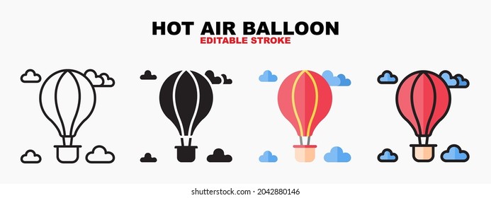 Hot Air Ballon icon symbol set of outline, solid, flat and filled outline style. Isolated on white background. Editable stroke vector icon.